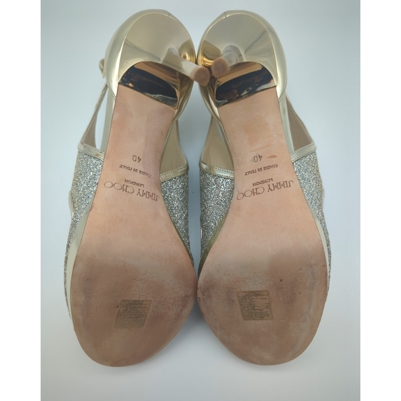 JIMMY CHOO Leondra 120 Gold Glitter Ankle Strap Sandals | Elegant Evening | 40 - Picture 8 of 10